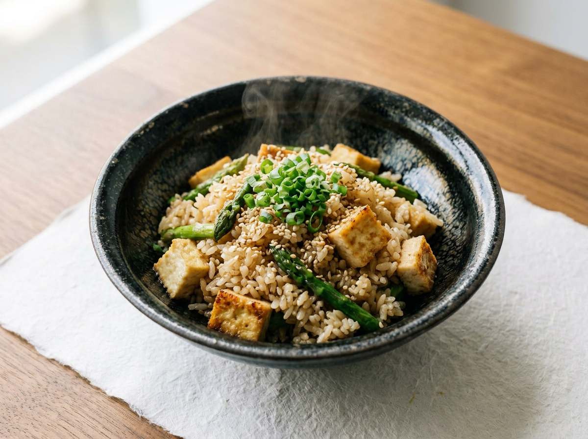厚揚げとアスパラのごま油香る高タンパク炊き込みご飯
