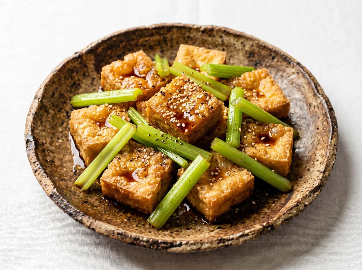 厚揚げとセロリのめんつゆ唐揚げ