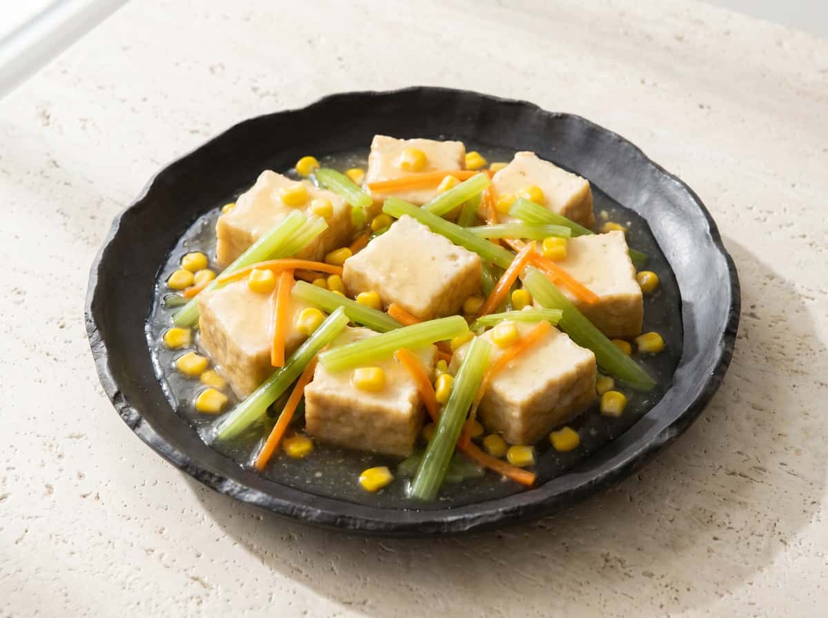 厚揚げとセロリの白だしふんわり蒸し