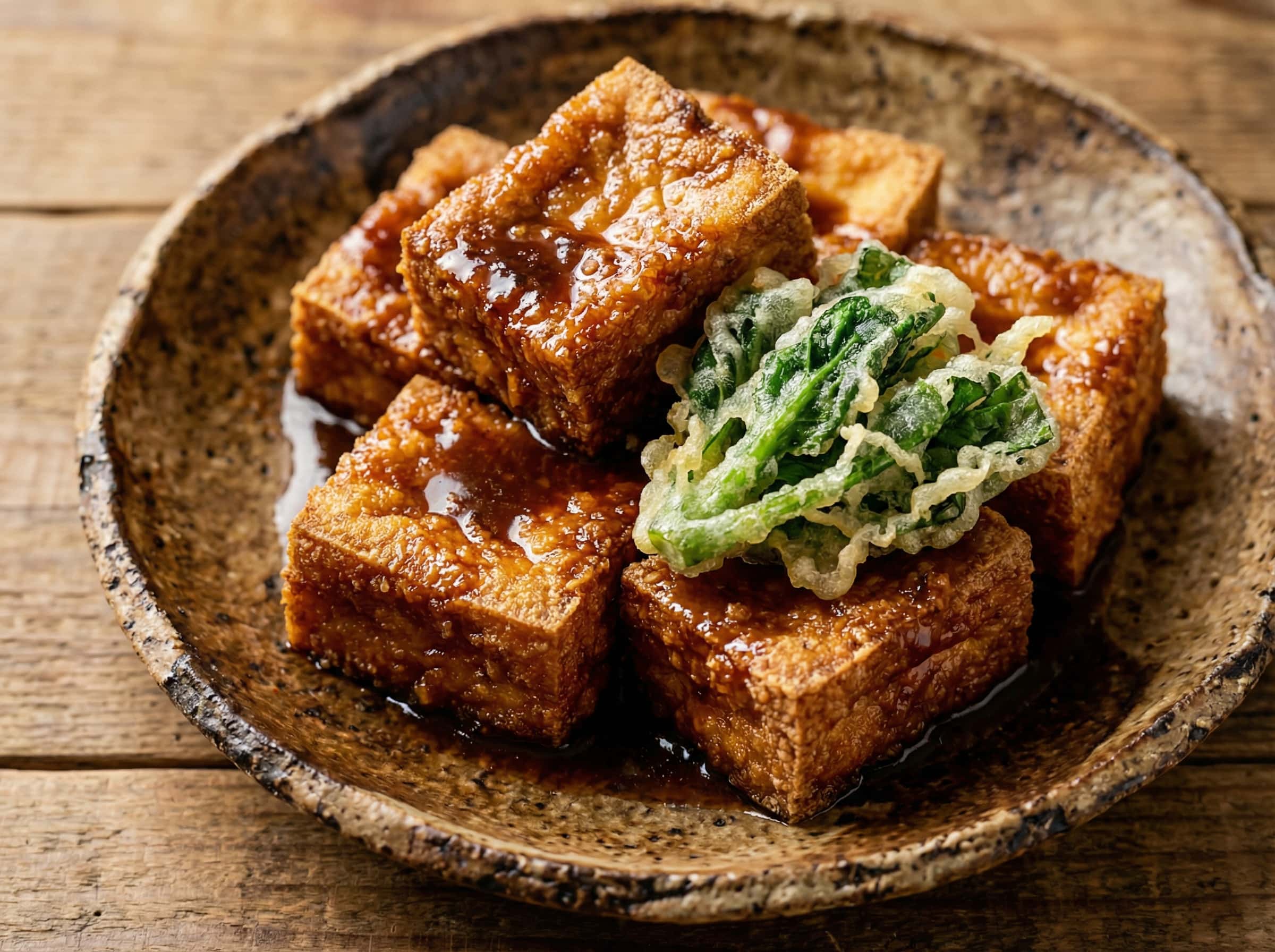 厚揚げの味噌から揚げ　小松菜のかき揚げ添え