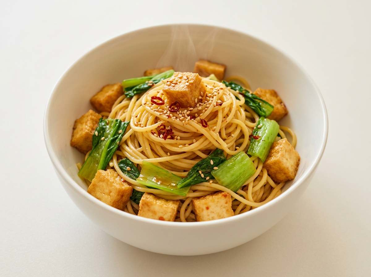 厚揚げと小松菜のピリ辛白だし和風パスタ