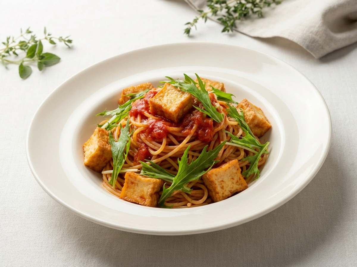 厚揚げと水菜のトマト缶節約パスタ