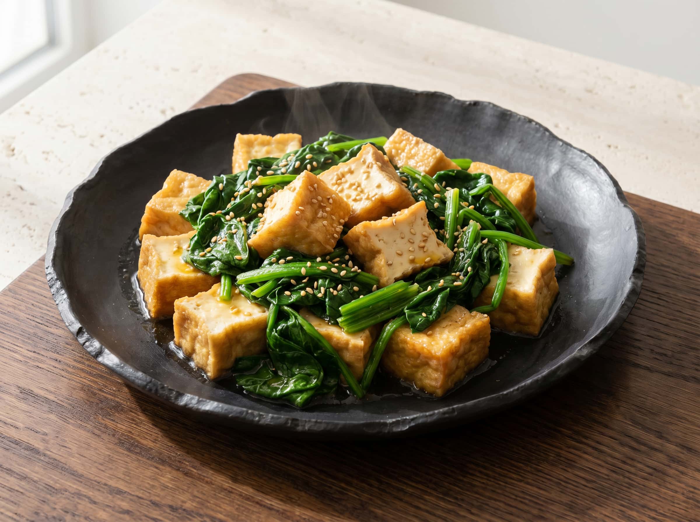 厚揚げとほうれん草のごま油蒸し（お弁当向き）