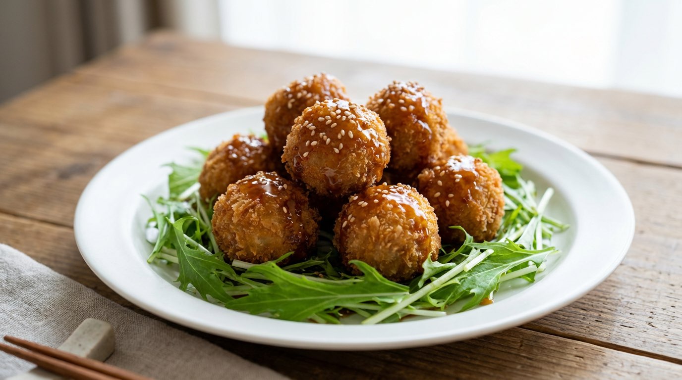 サクサク牛こまボールのめんつゆだれ〜水菜添え〜