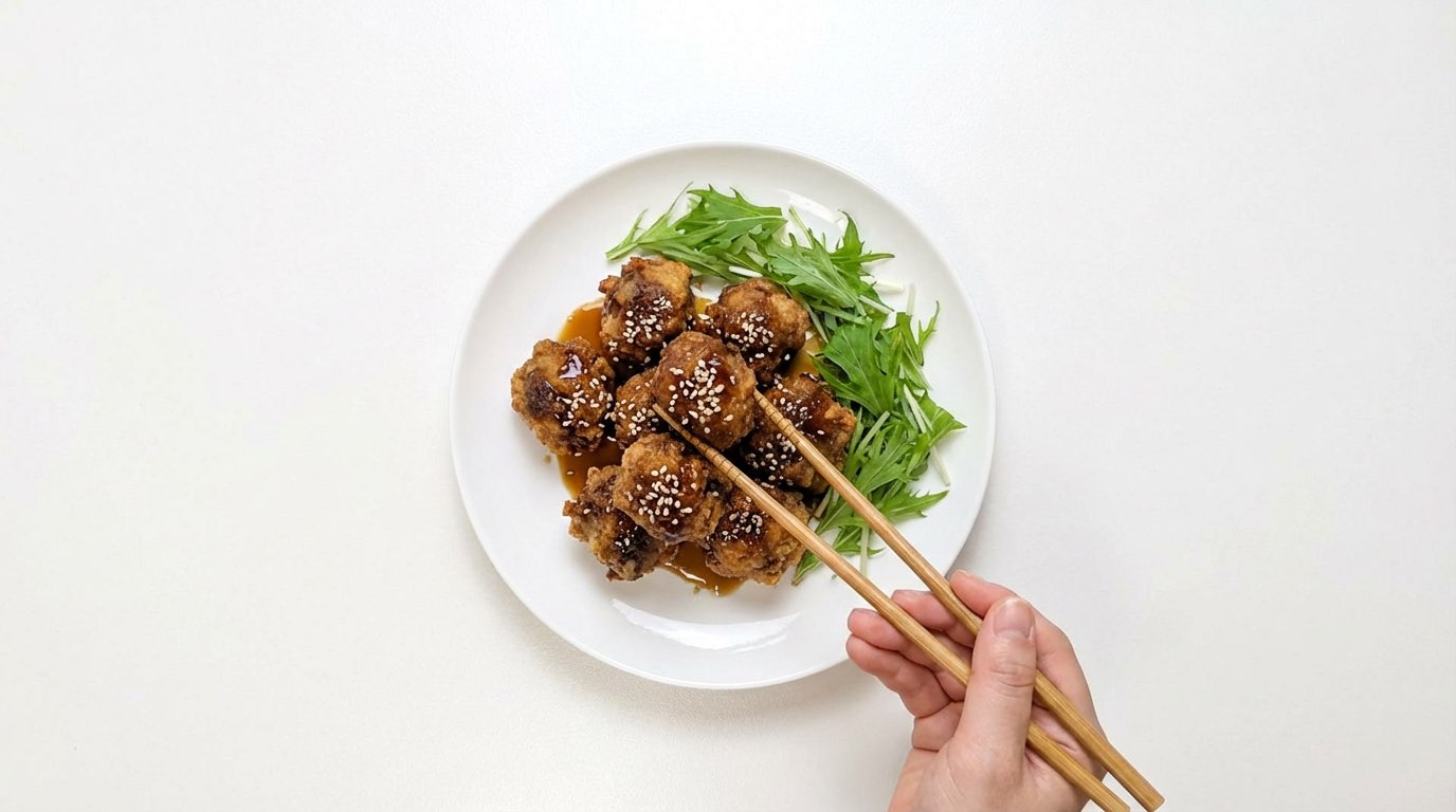 サクサク牛こまボールのめんつゆだれ〜水菜添え〜（完成イメージ）