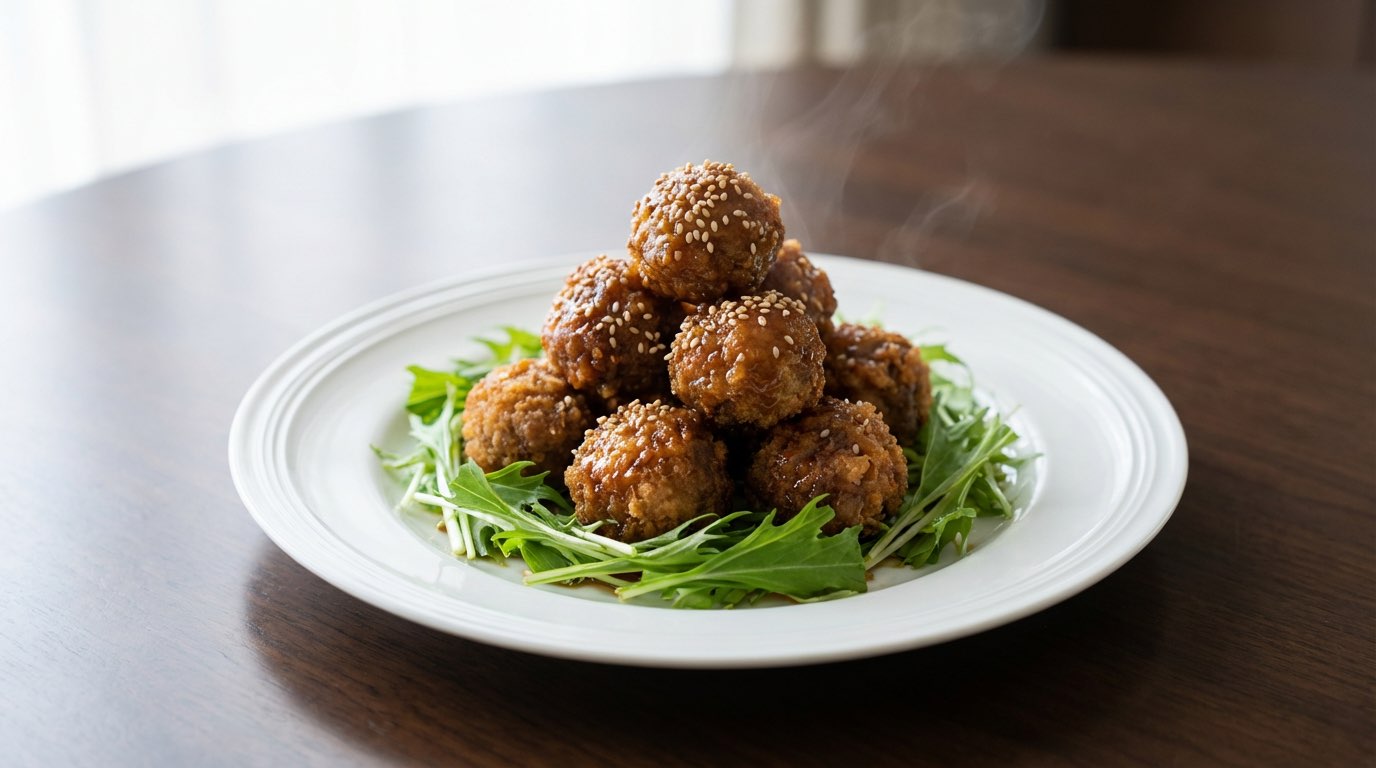 サクサク牛こまボールのめんつゆだれ〜水菜添え〜（完成イメージ）
