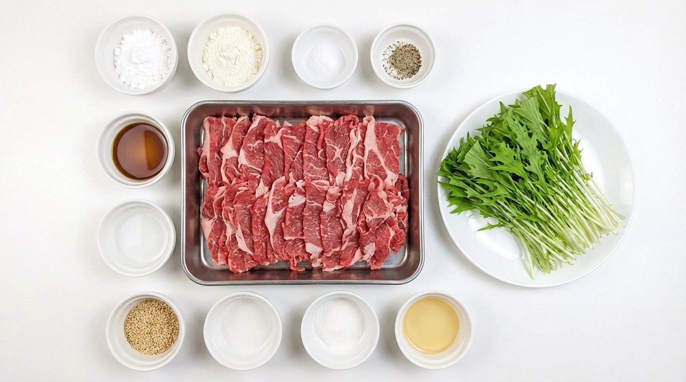 サクサク牛こまボールのめんつゆだれ〜水菜添え〜（材料）