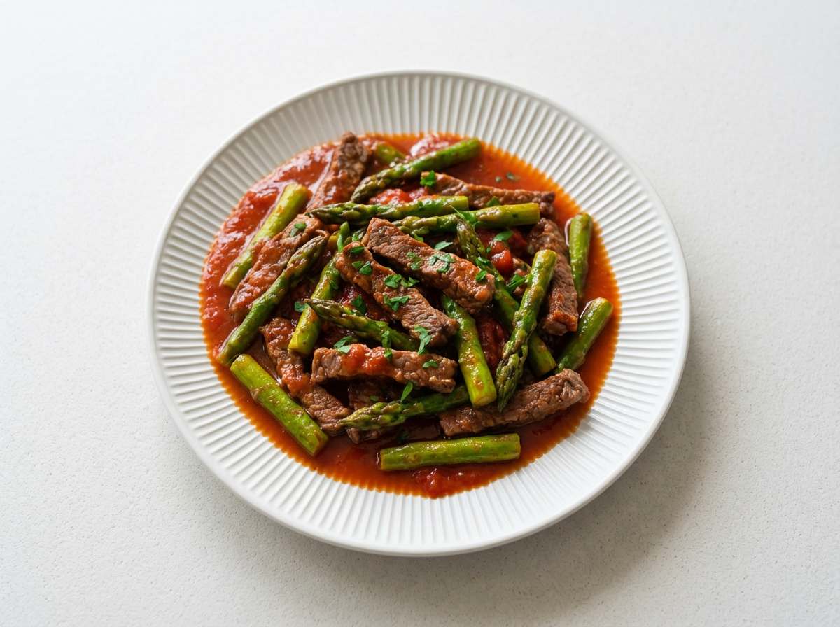 牛こま切れとアスパラのトマト缶焼き