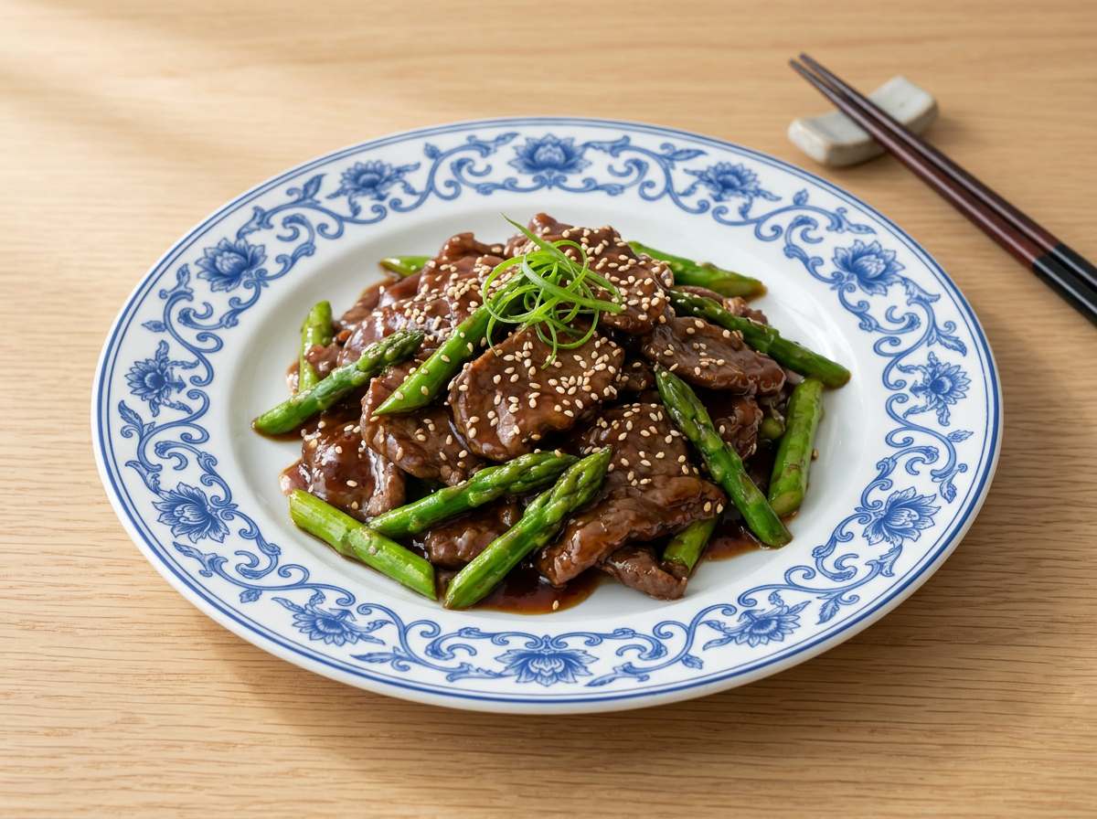 牛こま切れ肉とアスパラのオイスター煮