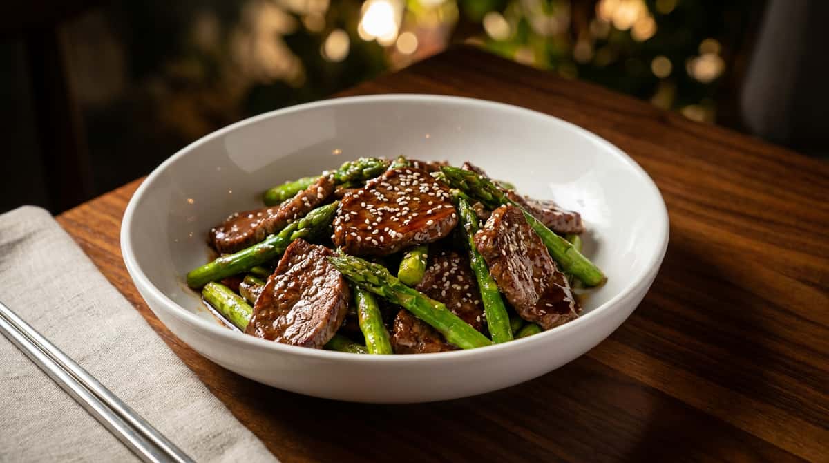 牛こま切れ肉とアスパラのオイスター煮（完成イメージ）