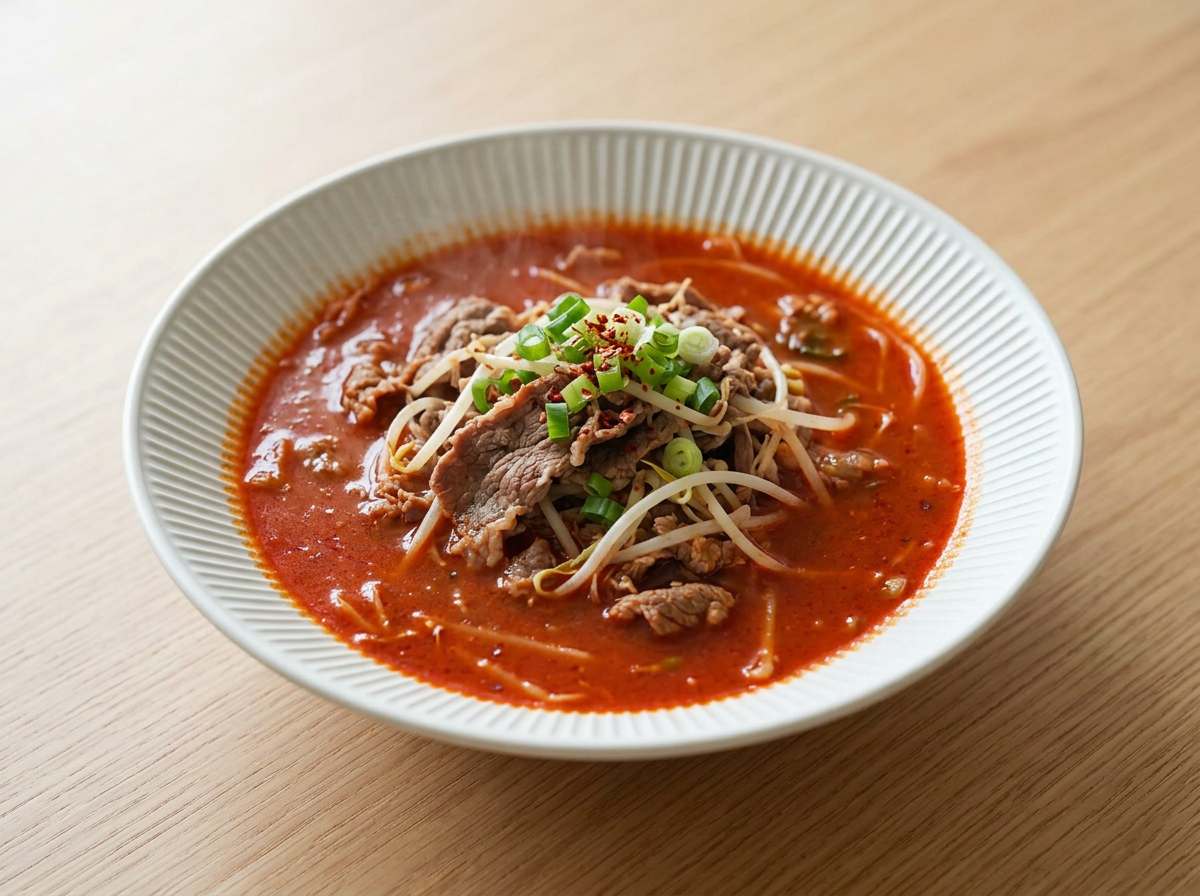 牛こま切れ肉ともやしのピリ辛トマトスープ