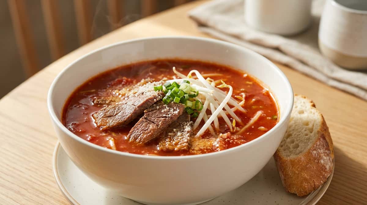 牛こま切れ肉ともやしのピリ辛トマトスープ（完成イメージ）