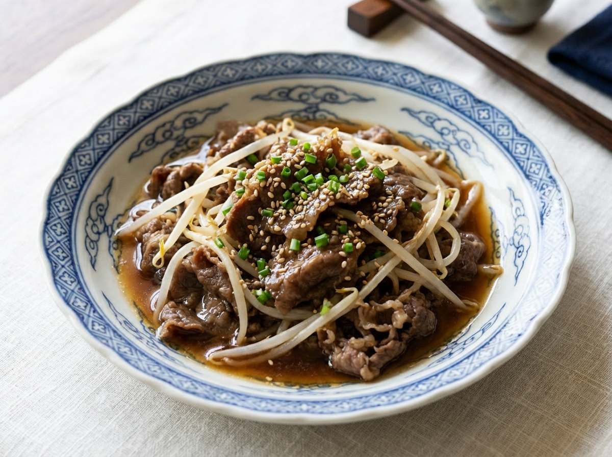 牛こま切れともやしのごま油旨煮