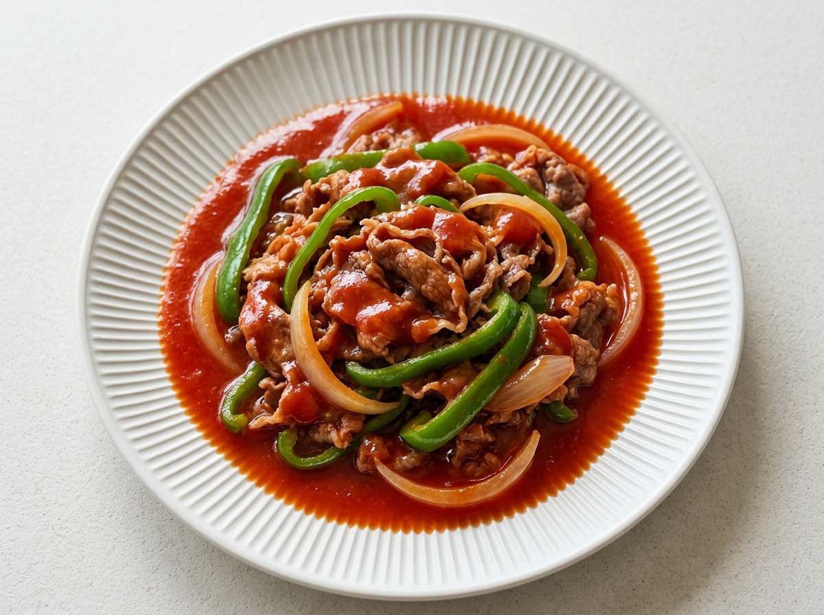 牛こま切れ肉とピーマンのさっぱりケチャップ煮