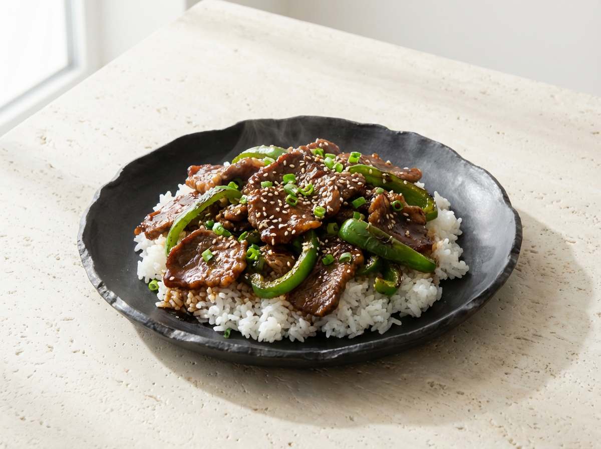 牛こまとピーマンの焼肉タレ丼