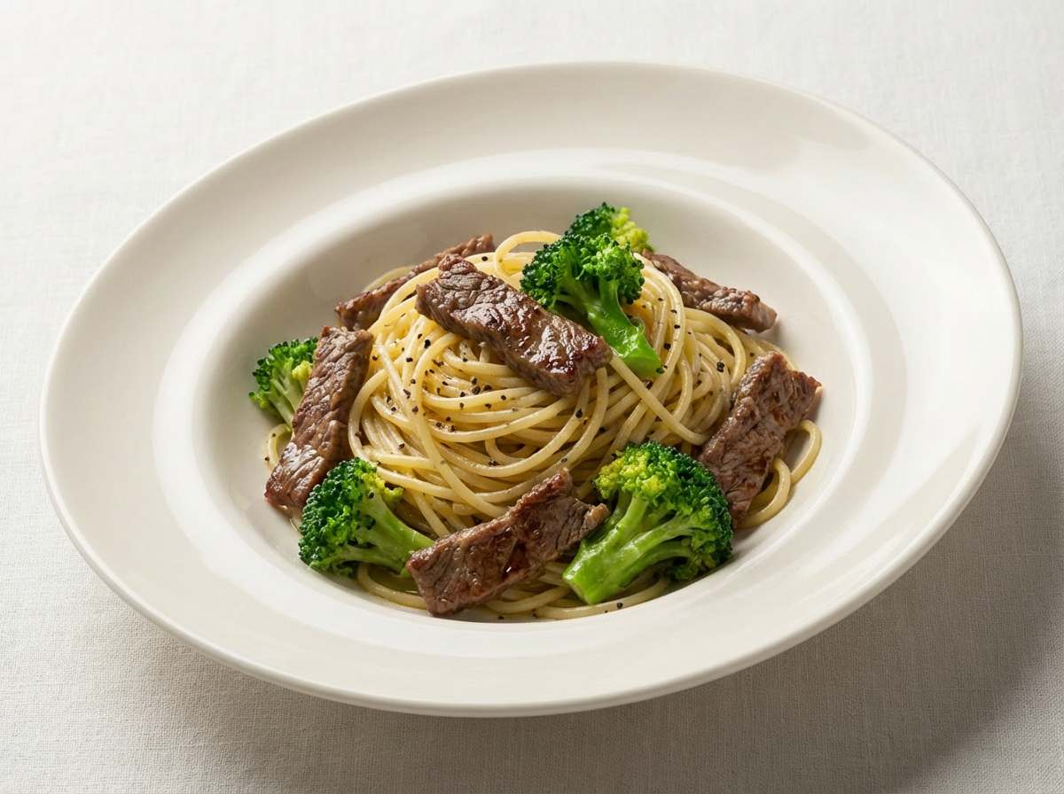 牛こま切れとブロッコリーの塩こしょうパスタ