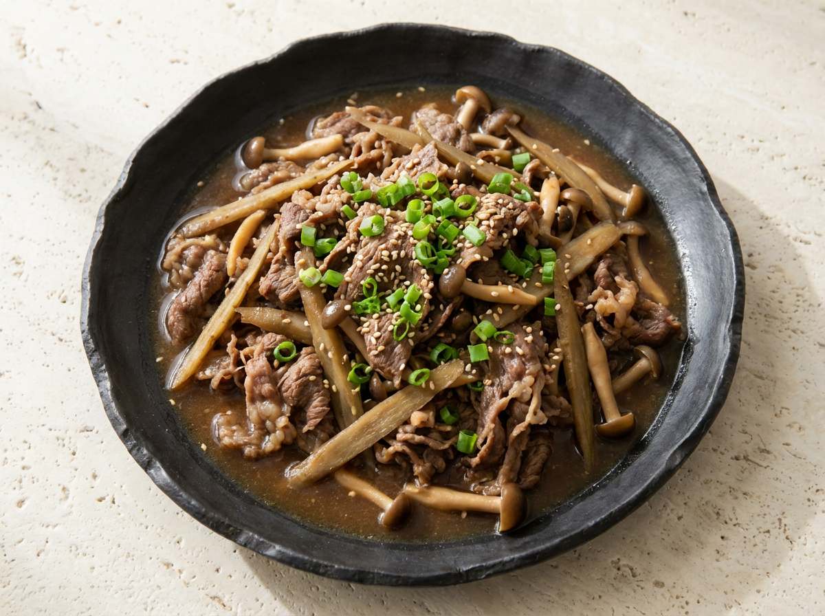 牛こま切れとごぼうのめんつゆ蒸し