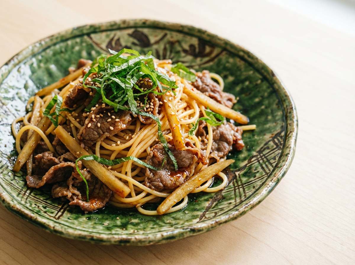 牛こま切れとごぼうのピリ辛ポン酢パスタ