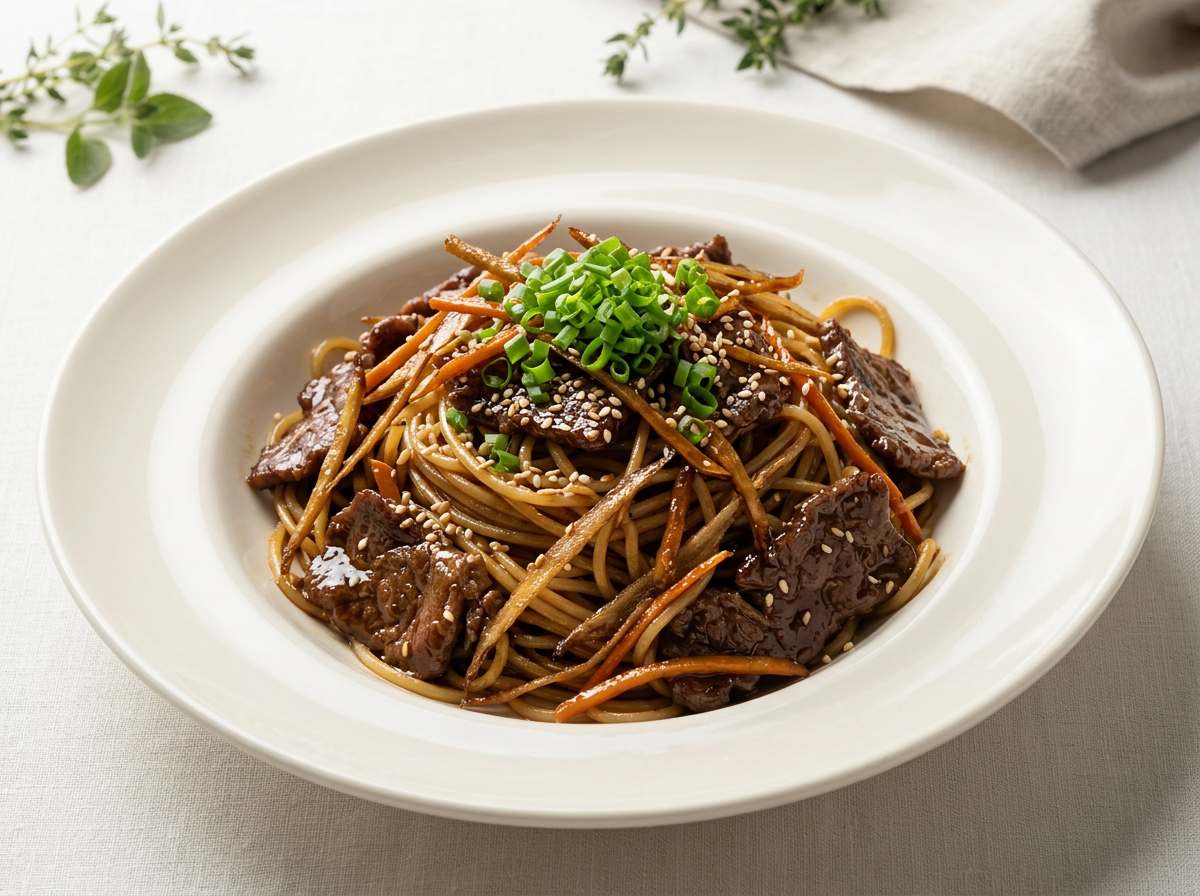 牛こま切れとごぼうの甘酢パスタ