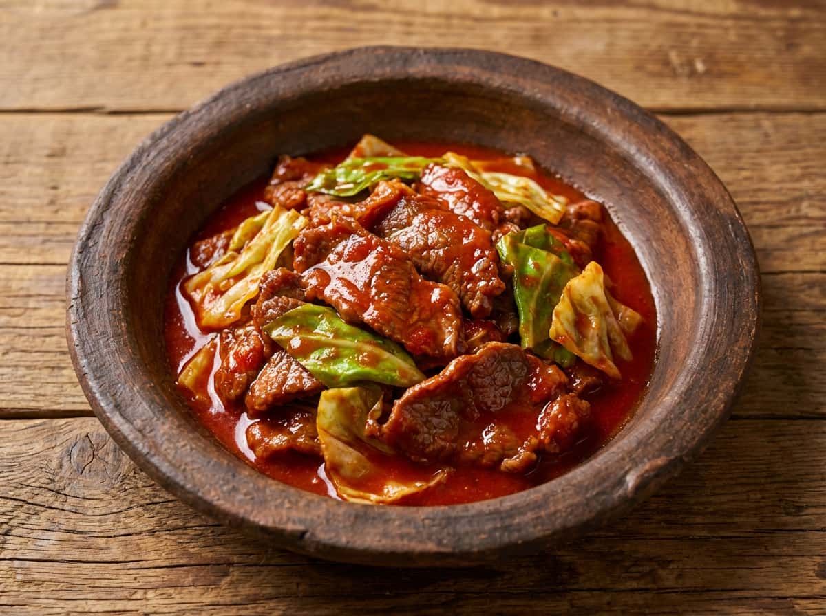 牛こまとキャベツのトマトだれ漬け焼き