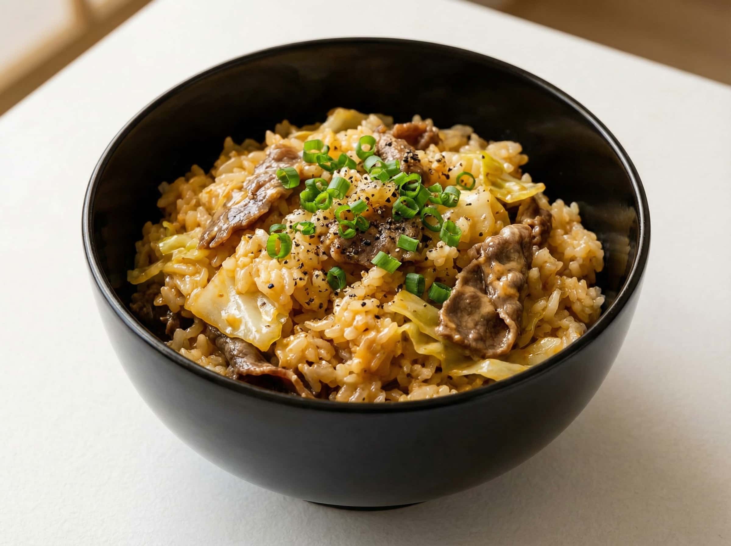 牛こまとキャベツのピリ辛マヨ炊き込みご飯