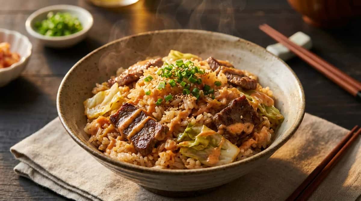 牛こまとキャベツのピリ辛マヨ炊き込みご飯（完成イメージ）