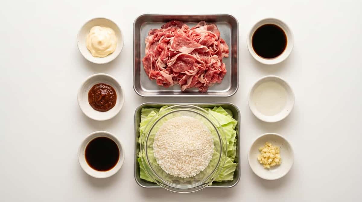 牛こまとキャベツのピリ辛マヨ炊き込みご飯（材料）