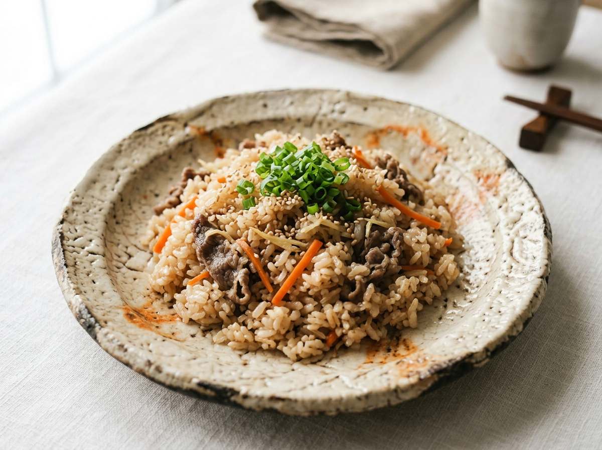 牛こまとにんじんのめんつゆ炊き込み弁当ご飯