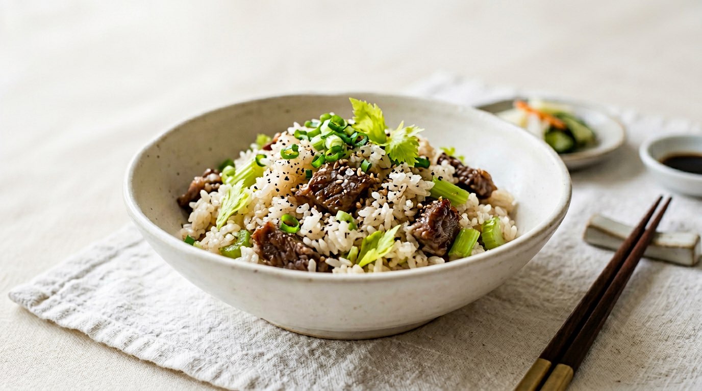 牛こまとセロリの塩こしょう炊き込みご飯