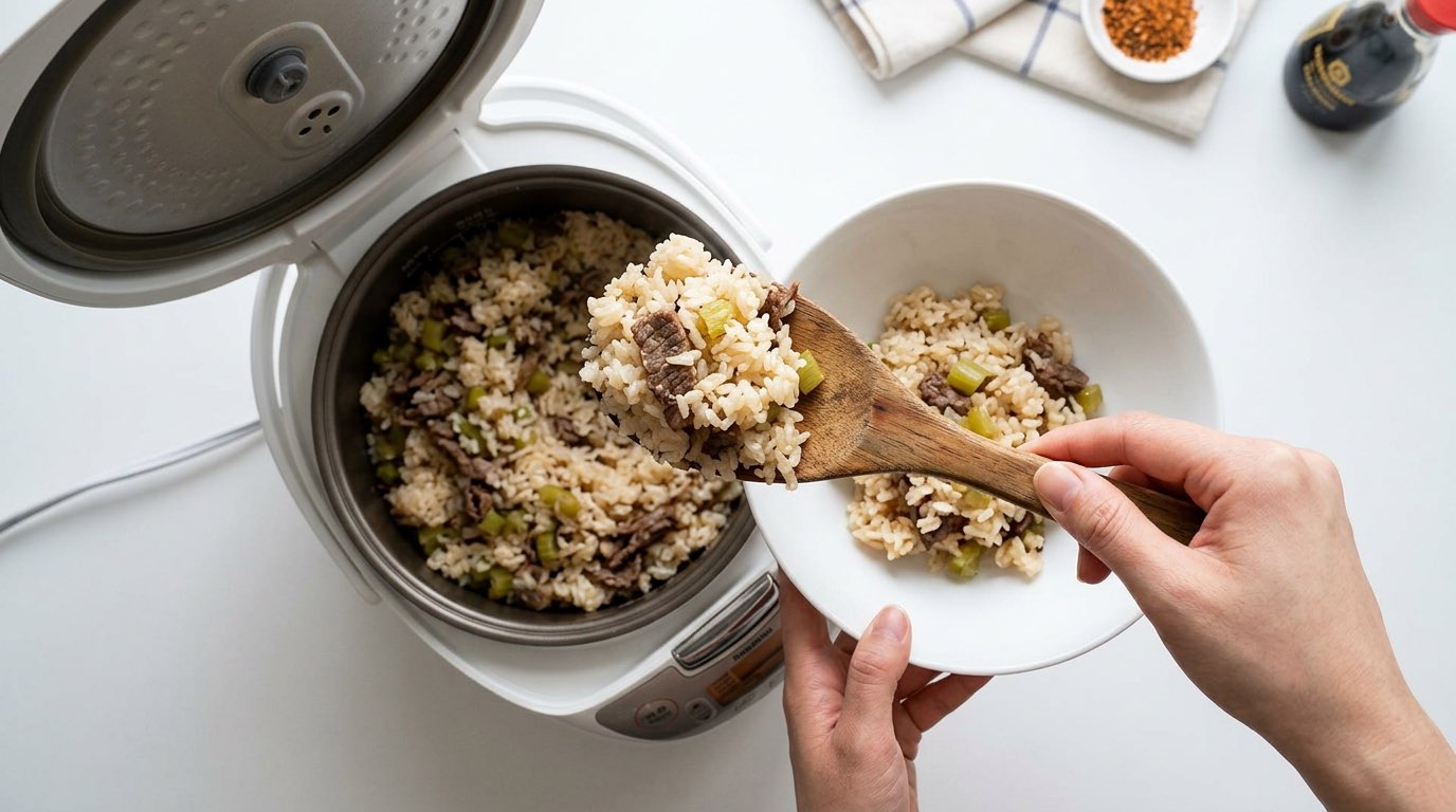 牛こまとセロリの塩こしょう炊き込みご飯（完成イメージ）