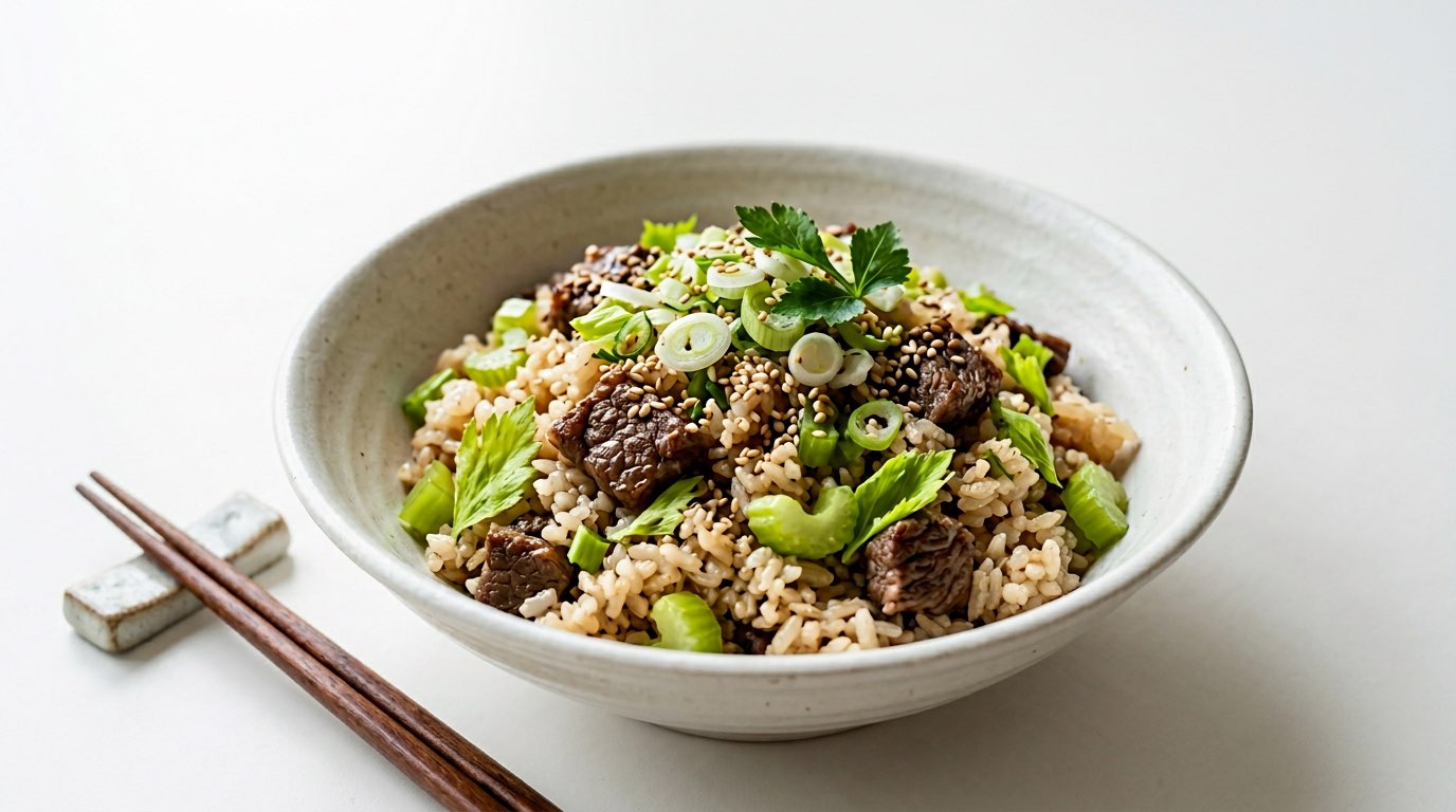 牛こまとセロリの塩こしょう炊き込みご飯（完成イメージ）