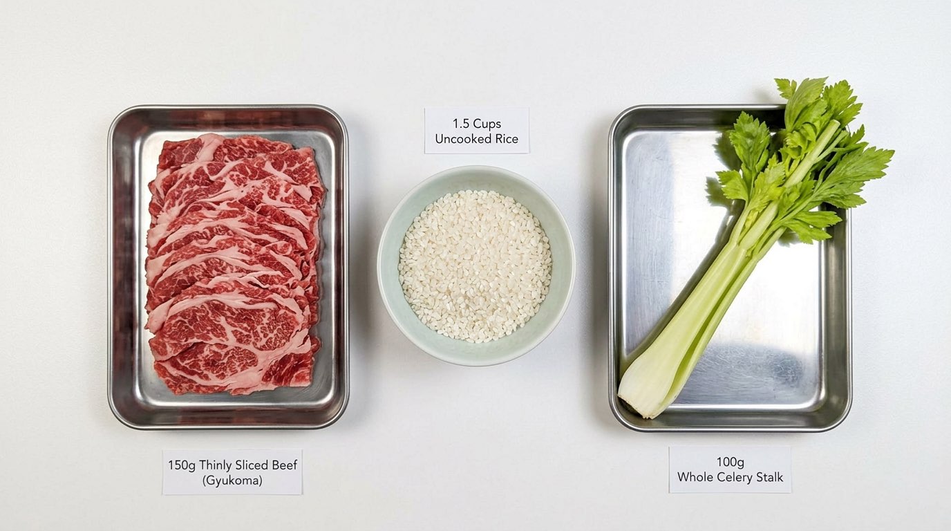 牛こまとセロリの塩こしょう炊き込みご飯（材料）