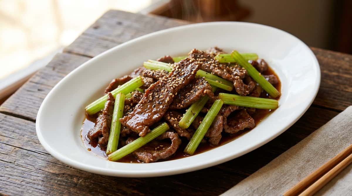 牛こま肉とセロリのピリ辛焼肉だれ炒め（完成イメージ）