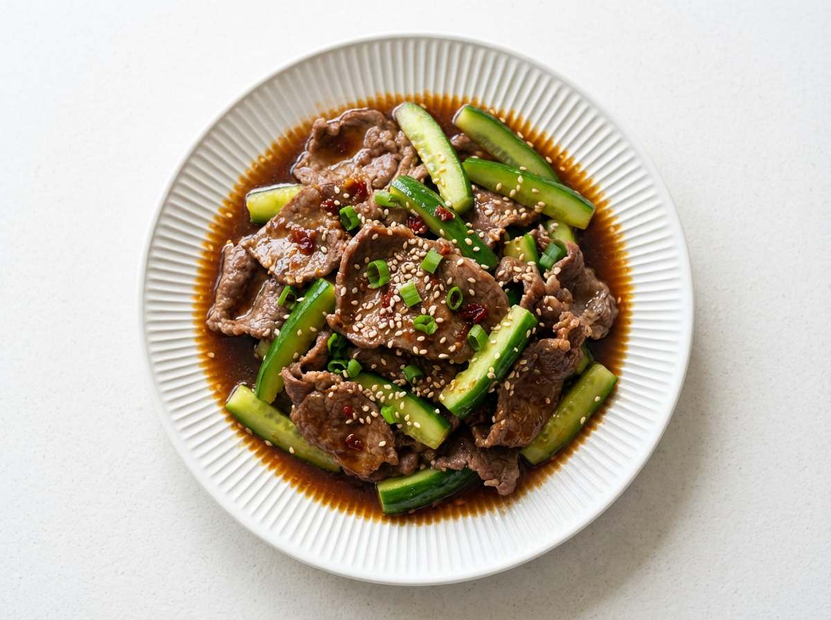 牛こま肉ときゅうりのピリ辛めんつゆレンジ蒸し