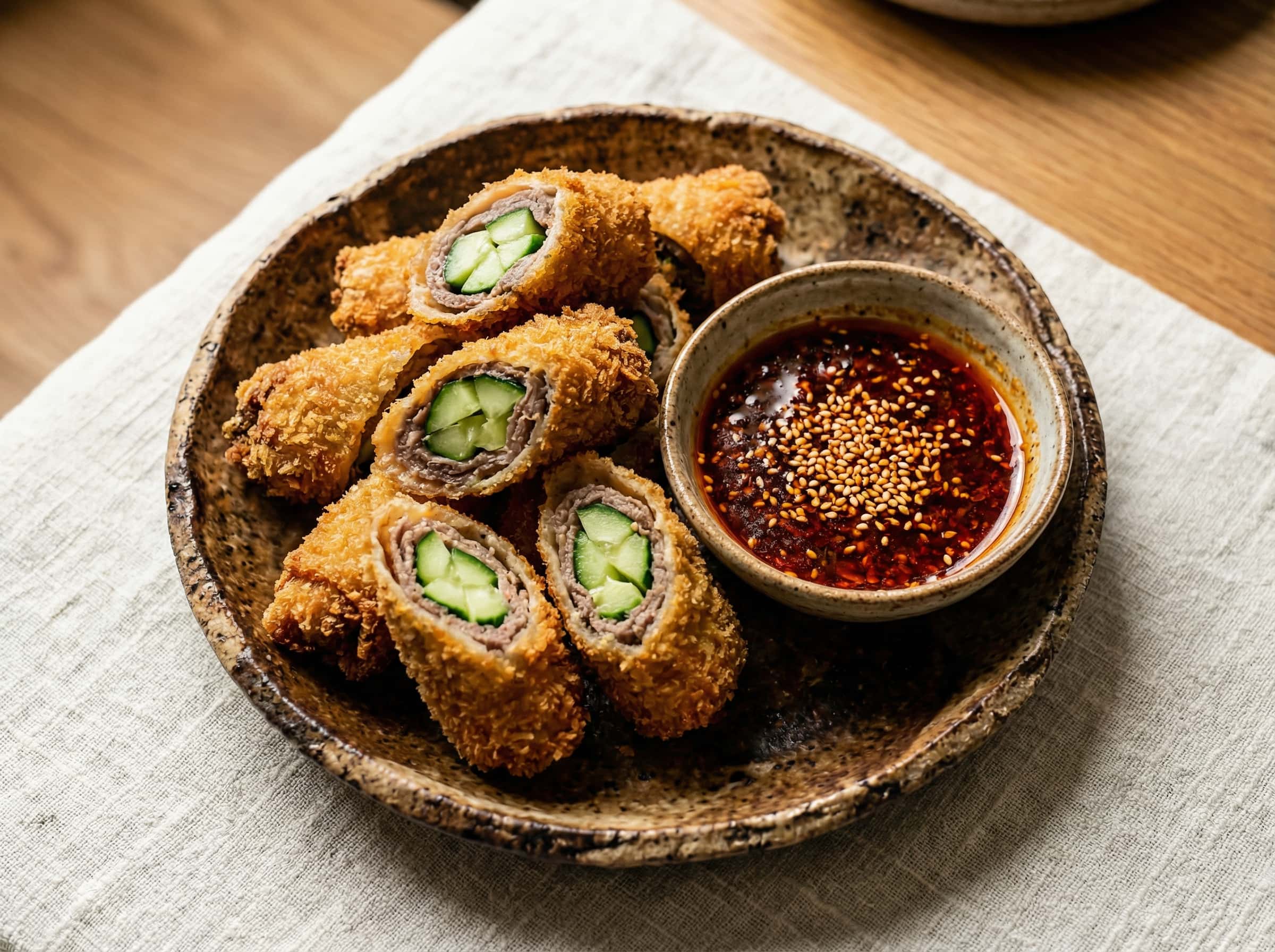 牛こまのきゅうり巻きピリ辛ポン酢揚げ