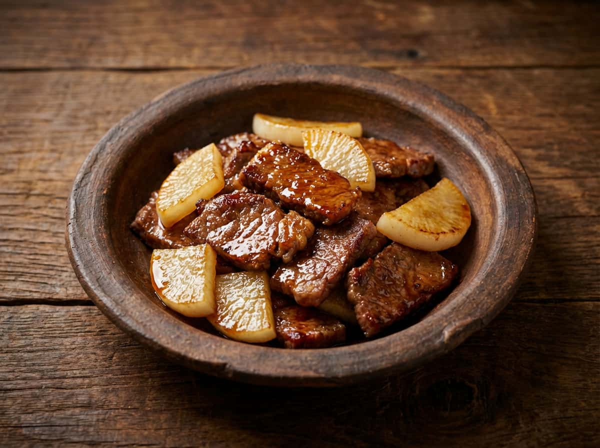 牛こまと大根の甘酢照り焼き