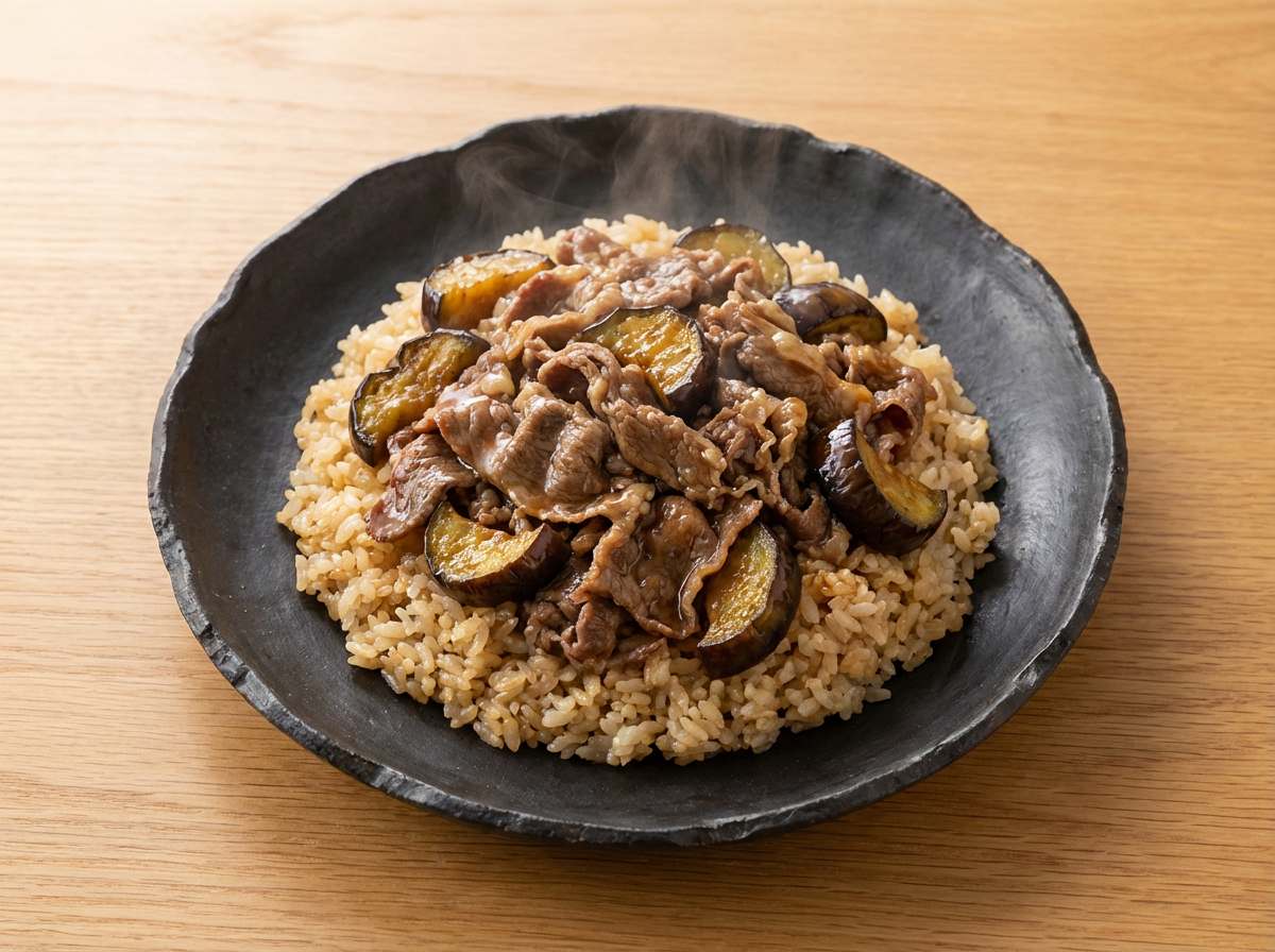 牛こま切れとなすの甘酢炊き込みご飯