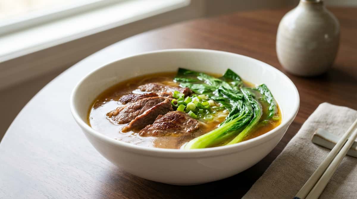 牛こまと小松菜のバター醤油スープ（作り置き）（完成イメージ）