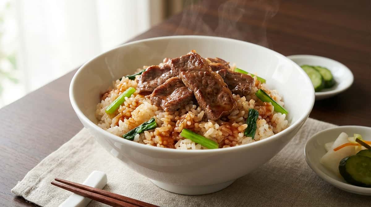 牛こまと小松菜のケチャップ炊き込みご飯（完成イメージ）