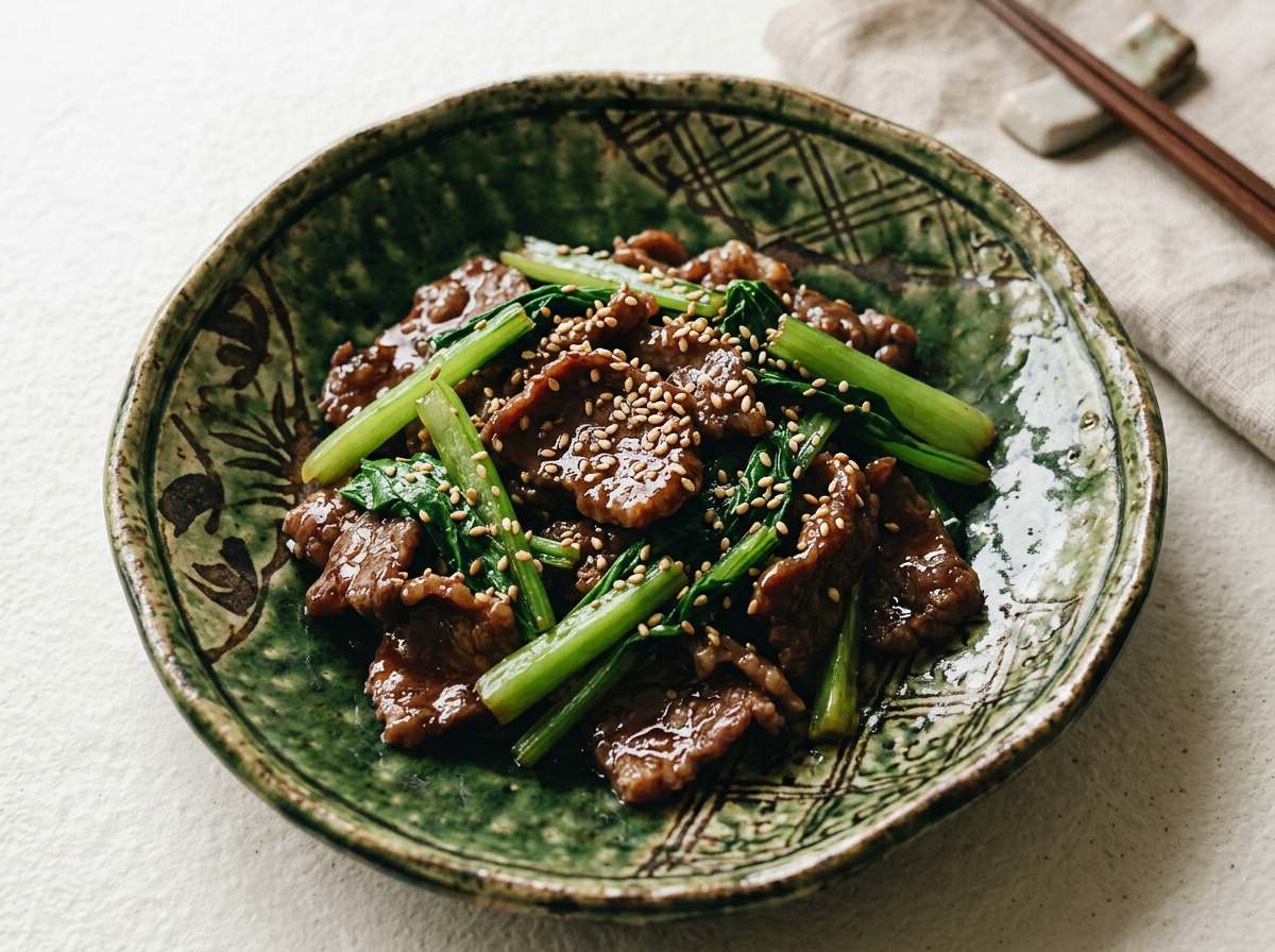 牛こま切れ肉と小松菜の焼肉だれ高タンパク和え