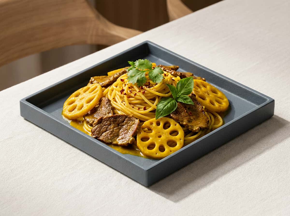 牛こま切れ肉とれんこんのガッツリカレーパスタ