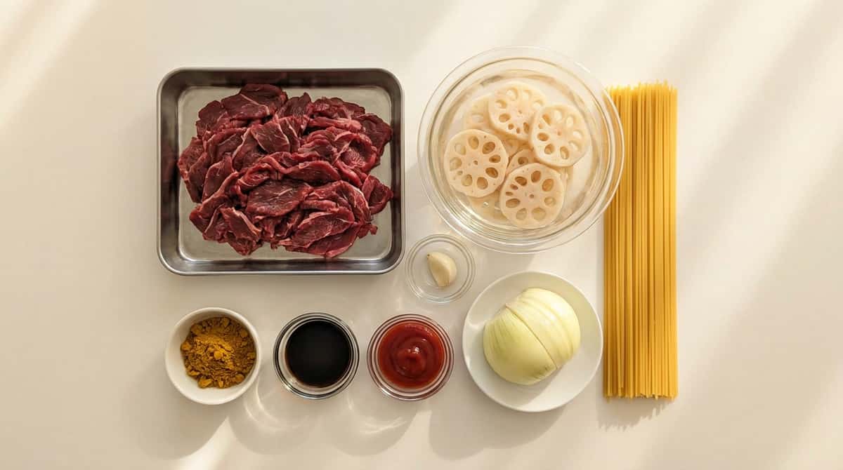 牛こま切れ肉とれんこんのガッツリカレーパスタ（材料）