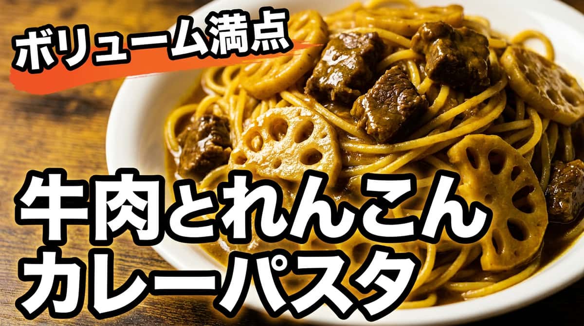 牛こま切れ肉とれんこんのガッツリカレーパスタ