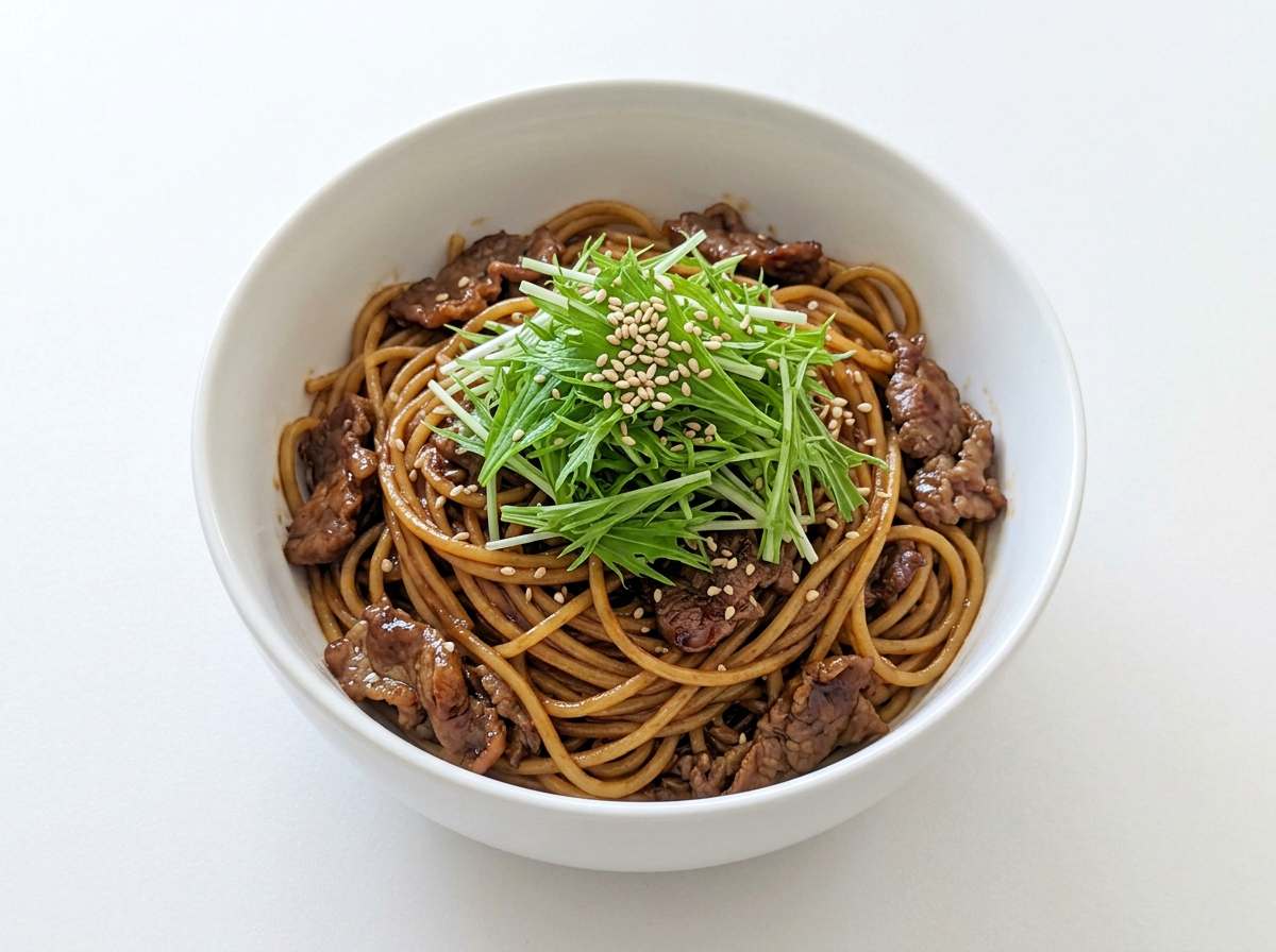 牛こま肉と水菜の焼肉だれパスタ