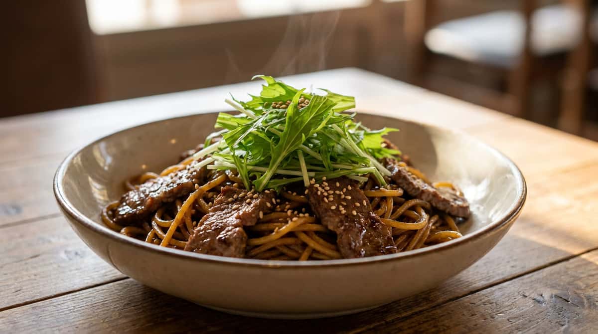 牛こま肉と水菜の焼肉だれパスタ（完成イメージ）