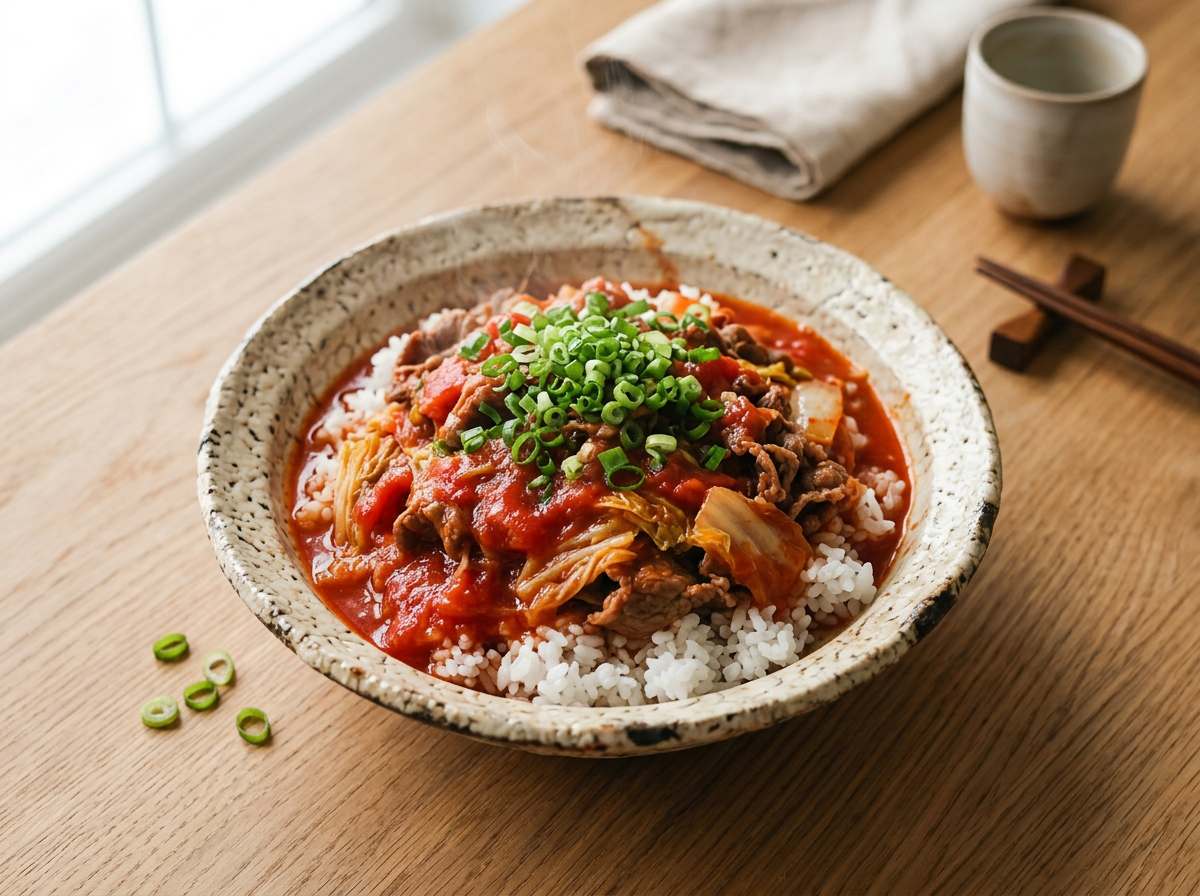 牛こま切れ肉と白菜のトマト缶丼