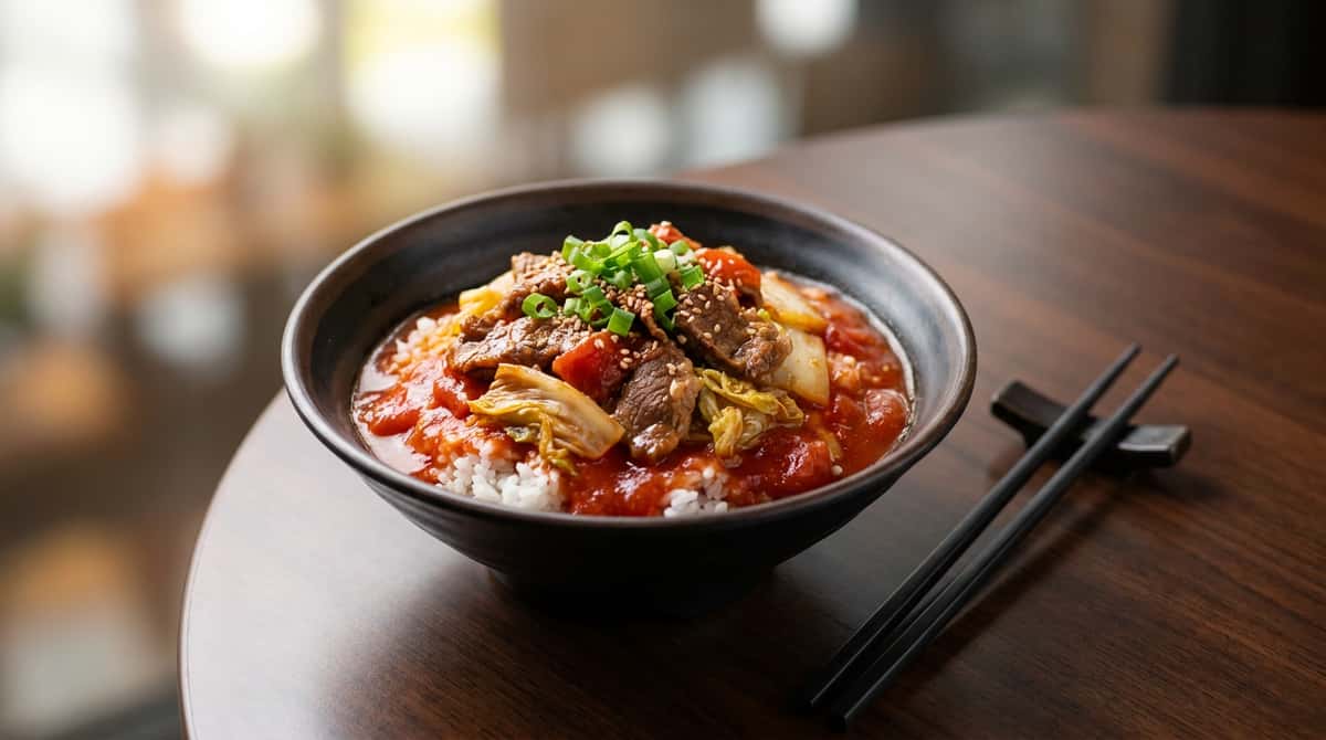 牛こま切れ肉と白菜のトマト缶丼（完成イメージ）