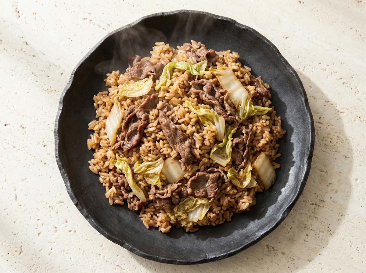 牛こま切れ肉と白菜のめんつゆ香る炊き込みおつまみご飯