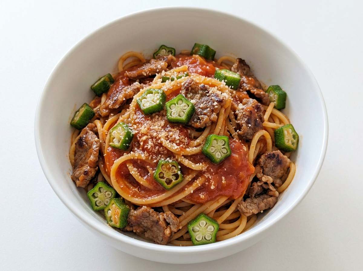 牛こまとオクラのガッツリトマトパスタ