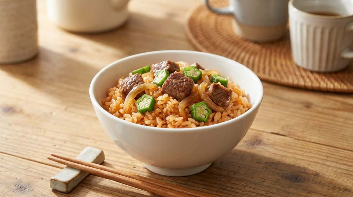 牛こま切れ肉とオクラのさっぱりケチャップ炊き込みご飯（完成イメージ）